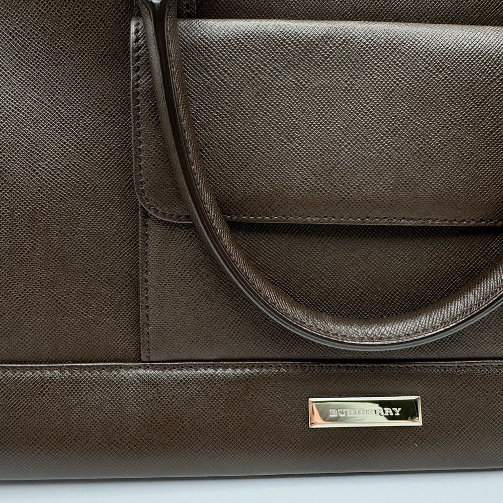 Burberry Brown Saffiano Leather Briefcase Top Handle Bag Nova Check Zip - Picture 2 of 10